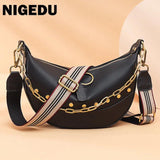 Leather Women Shoulder Bags Rivet Semicircle Messenger Chain Handbag
