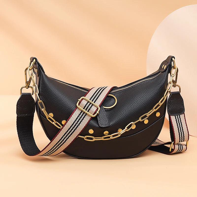 Leather Women Shoulder Bags Rivet Semicircle Messenger Chain Handbag