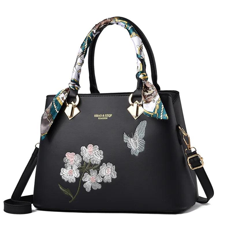 Floral Embroidery Shoulder Handbag Large PU Leather Women's Bag