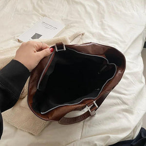 Vintage Oil Leather Shoulder Bag for Women Zipper Bucket Handbag