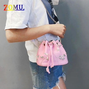 ZOMU Small Flower Embroidery Shoulder Messenger Bag Bucket Bag Handbag