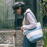 Canvas Japanese Striped Shoulder Bag Contrast Stitching Handbag
