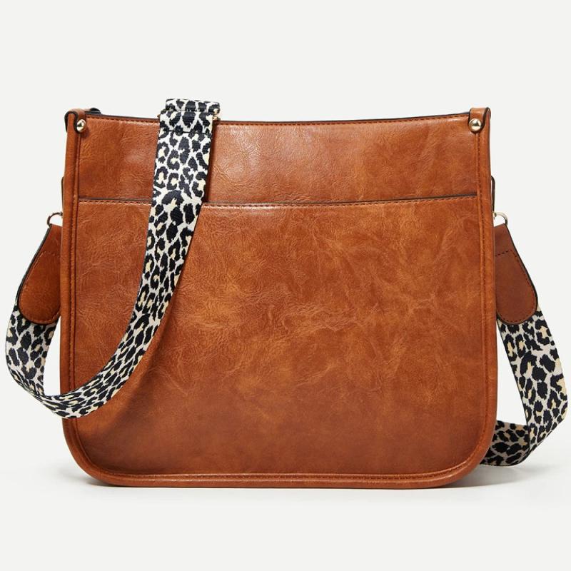 Leopard Crossbody Bag Women Vegan Leather Guitar Strap Hobo Bucket Bag