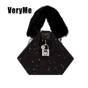 Winter Plush Handbag Chain Sequined Shoulder Bag Diamond Crossbody Bag