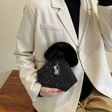 Winter Plush Handbag Chain Sequined Shoulder Bag Diamond Crossbody Bag
