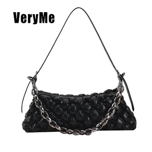 Winter Down Jacket Fabric Handbag PU Leather One Shoulder Underarm Bag