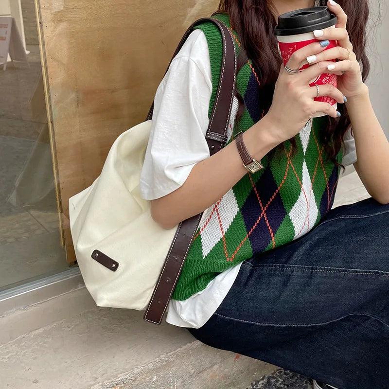 Canvas Messenger Bag Green Shopping Bag Student Large Capacity