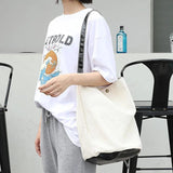 Canvas Shoulder Bag Leisure Art Bucket Bag Stitching Large Capacity