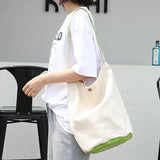 Canvas Shoulder Bag Leisure Art Bucket Bag Stitching Large Capacity