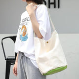 Canvas Shoulder Bag Leisure Art Bucket Bag Stitching Large Capacity