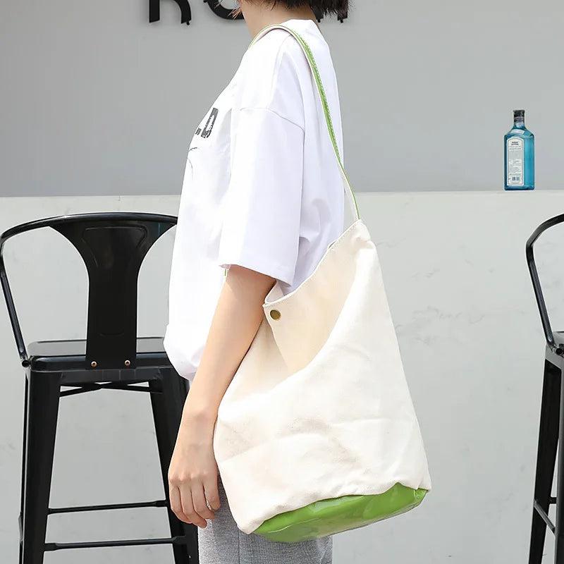 Canvas Shoulder Bag Leisure Art Bucket Bag Stitching Large Capacity