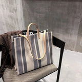 Striped Canvas Shoulder Bag Large-Capacity Shopping Handbag