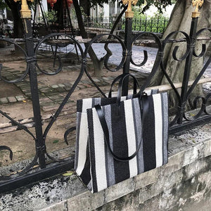 Striped Canvas Shoulder Bag Large-Capacity Shopping Handbag