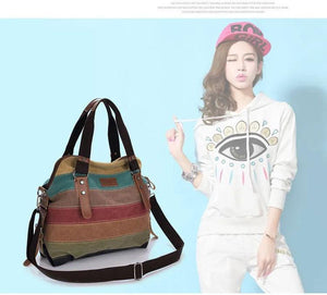 Canvas Totes Striped Patchwork Rainbow Shoulder Bag Casual Crossbody Bag