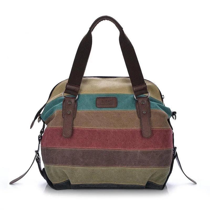 Canvas Totes Striped Patchwork Rainbow Shoulder Bag Casual Crossbody Bag