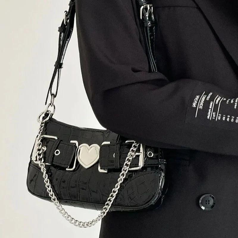 Y2k Girls Retro Love Shoulder Bag Patent Leather Ladies Small Messenger Bags Cro