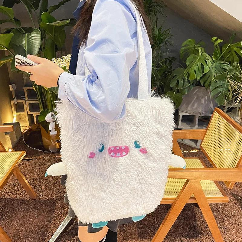 Soft Plush Shoulder Bag Little Monster Embroidery Handbag Faux Fur Women Bags