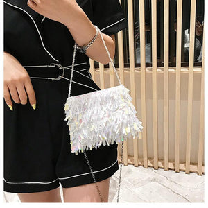 Silver Sequin Rhinestone Tassel Small Shoulder Bag Chain Ladies Evening Clutch