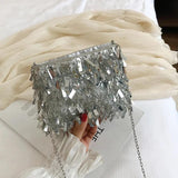 Silver Sequin Rhinestone Tassel Small Shoulder Bag Chain Ladies Evening Clutch