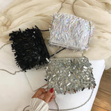 Silver Sequin Rhinestone Tassel Small Shoulder Bag Chain Ladies Evening Clutch