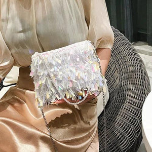 Silver Sequin Rhinestone Tassel Small Shoulder Bag Chain Ladies Evening Clutch