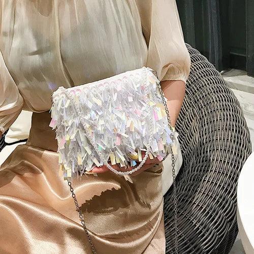 Silver Sequin Rhinestone Tassel Small Shoulder Bag Chain Ladies Evening Clutch