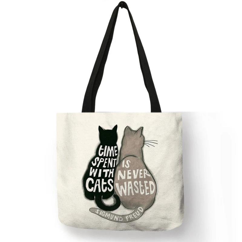 Creative Cat Pattern Tote Bag for Women Eco Linen Shopping Traveling Pouch