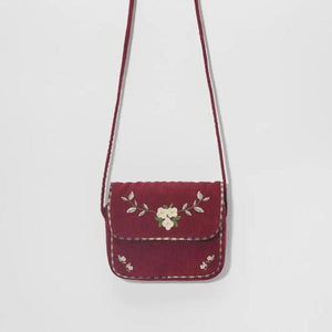 Vintage Style Wine Red Corduroy Embroidered Messenger Bag