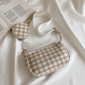 Female Vintage Plaid Print Shoulder Bags with Mini Round Purse Pendant