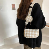 Female Vintage Plaid Print Shoulder Bags with Mini Round Purse Pendant