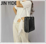Retro Chains Rivet Large Tote Bead Shoulder Bag PU Leather Messenger Lady Bucket
