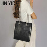 Retro Chains Rivet Large Tote Bead Shoulder Bag PU Leather Messenger Lady Bucket
