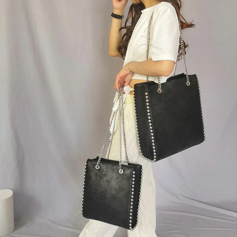 Retro Chains Rivet Large Tote Bead Shoulder Bag PU Leather Messenger Lady Bucket