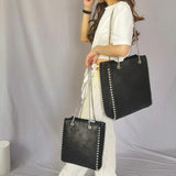 Retro Chains Rivet Large Tote Bead Shoulder Bag PU Leather Messenger Lady Bucket