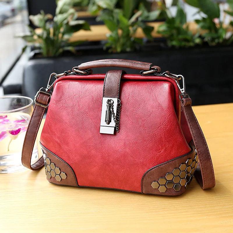 Vintage Rivet Handbaag Female PU Leather Crossbody Bag Contrast Shoulder Bag