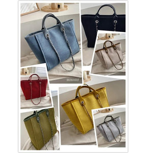 Women Canvas Chain Tote Bag Shoulder Casual Beach Handbags