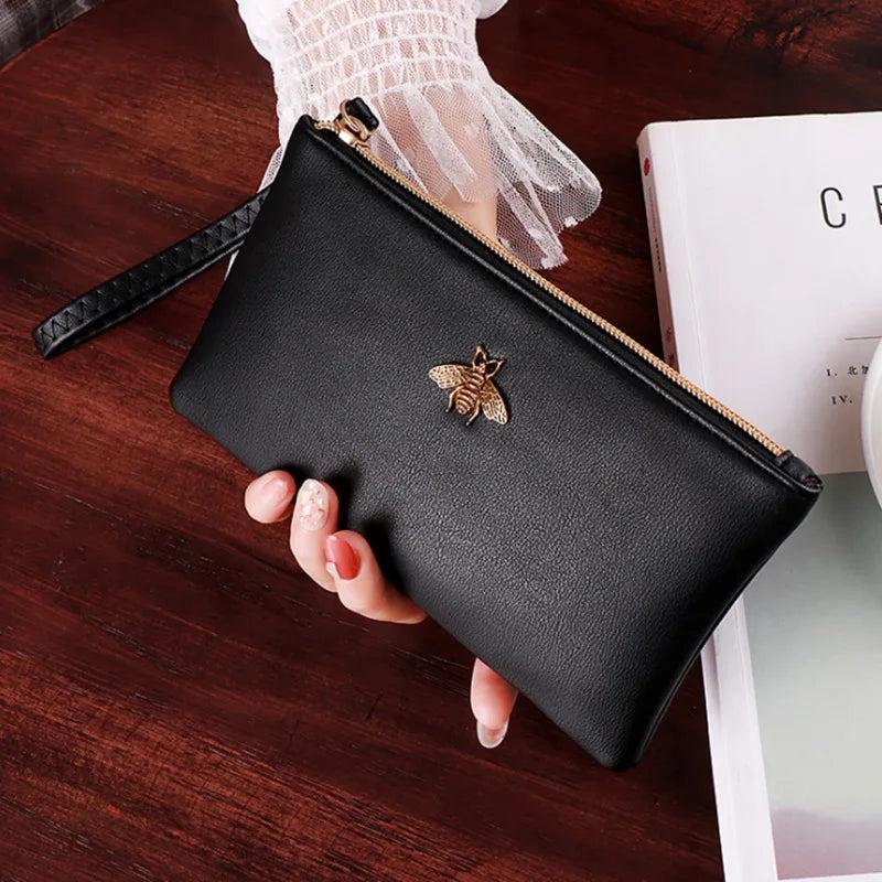 Women Wallets Bee Clutch Leather Zipper Long Wallet Ladies Wristlet