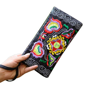 Ethnic Embroidered Wristlet Clutch Bag Zipper Purse Long Wallet