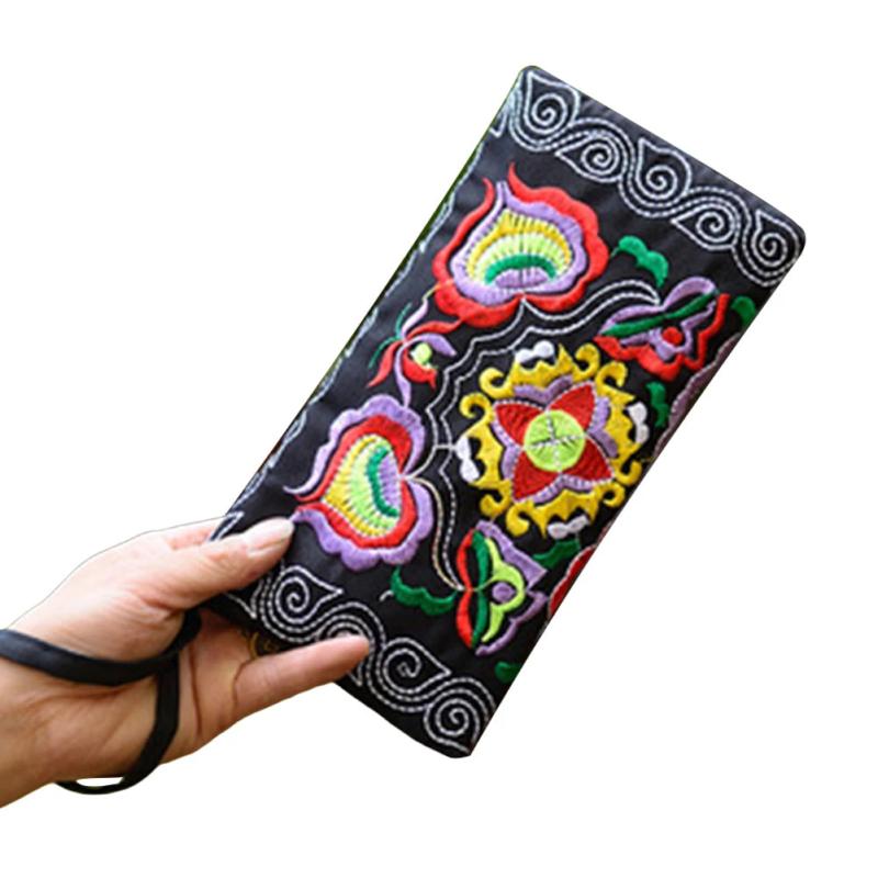 Ethnic Embroidered Wristlet Clutch Bag Zipper Purse Long Wallet