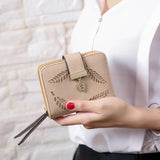 Women's Short Zipper Wallet Leather Small Clutch Bag With Hollow Out Leaves