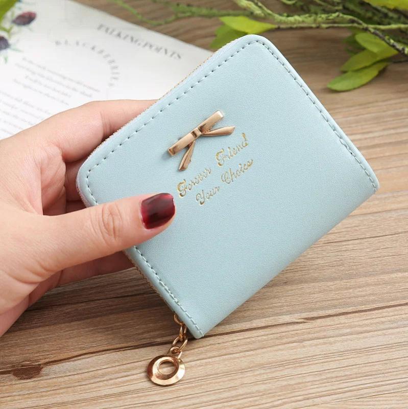 Women's Short Leather Wallet with Bow, Zipper Purses for Girls