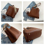 Women's Bucket Bag PU Leather Shoulder Tote Crossbody Wide Strap Handbag