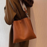 Women's Bucket Bag PU Leather Shoulder Tote Crossbody Wide Strap Handbag