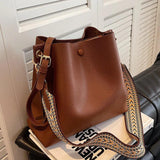 Women's Bucket Bag PU Leather Shoulder Tote Crossbody Wide Strap Handbag