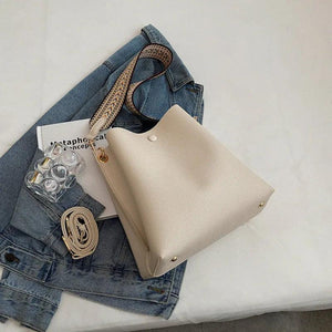 Women's Bucket Bag PU Leather Shoulder Tote Crossbody Wide Strap Handbag