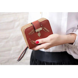 Women Portable Wallet Small Leather Zipper Coins Purses Leaf Print