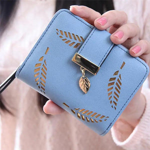 Women Portable Wallet Small Leather Zipper Coins Purses Leaf Print