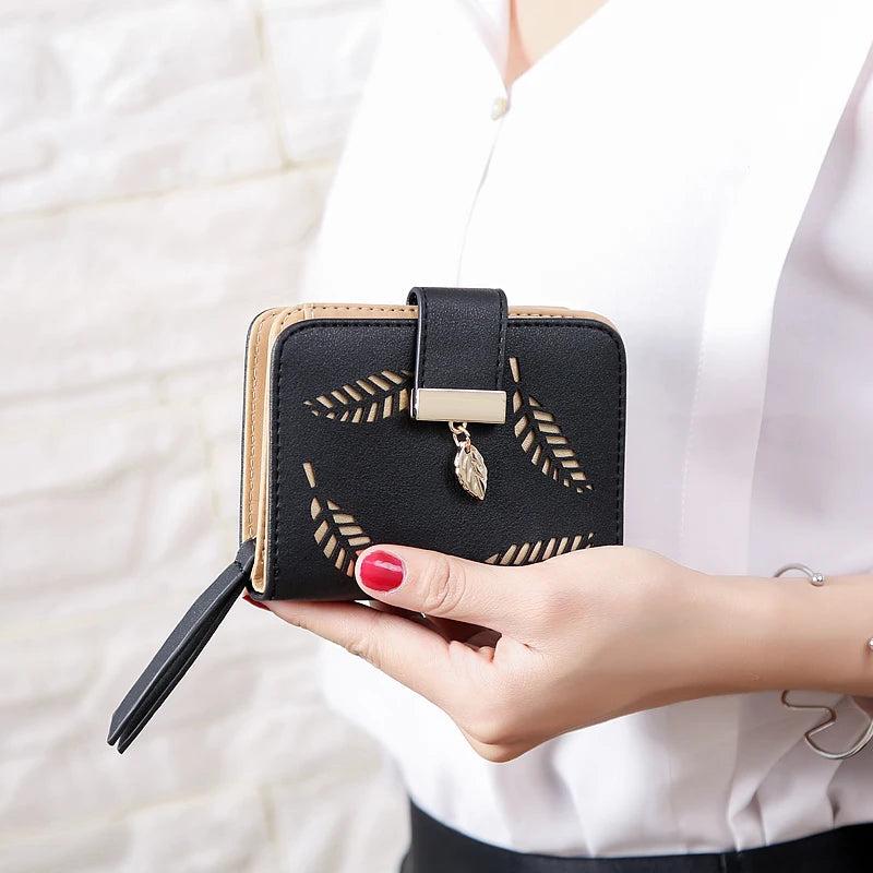 Women's Zipper Purse Leather Cutout Leaf Wallet Clutch