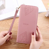 Leaf Print Long Wallet PU Female Purses Zipper Leather Bag