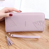 Leaf Print Long Wallet PU Female Purses Zipper Leather Bag